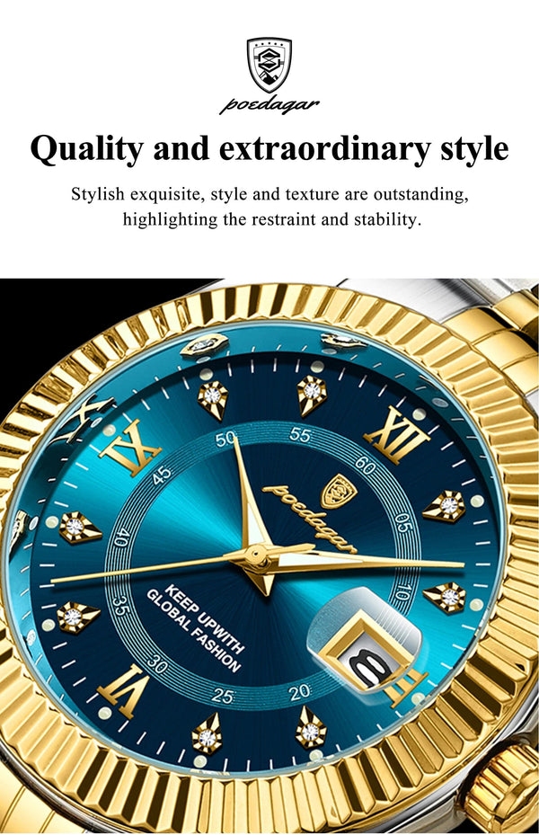 Planet Gates 910 Gold Gold POEDAGAR Luxury Sport Wrist Watch For Man Waterproof Luminous Date Men Watch Quartz Stainless Steel Men's Watches Male Reloj+box