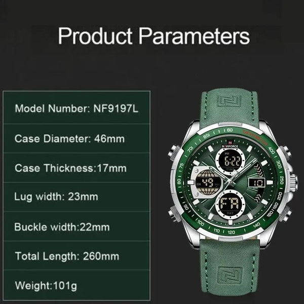 Planet Gates 9197L Gold Green NAVIFORCE Fashion Military Watches for Men Luxury Original Sports Chronograph Watch Waterproof Quartz WristWatch Clock Gift