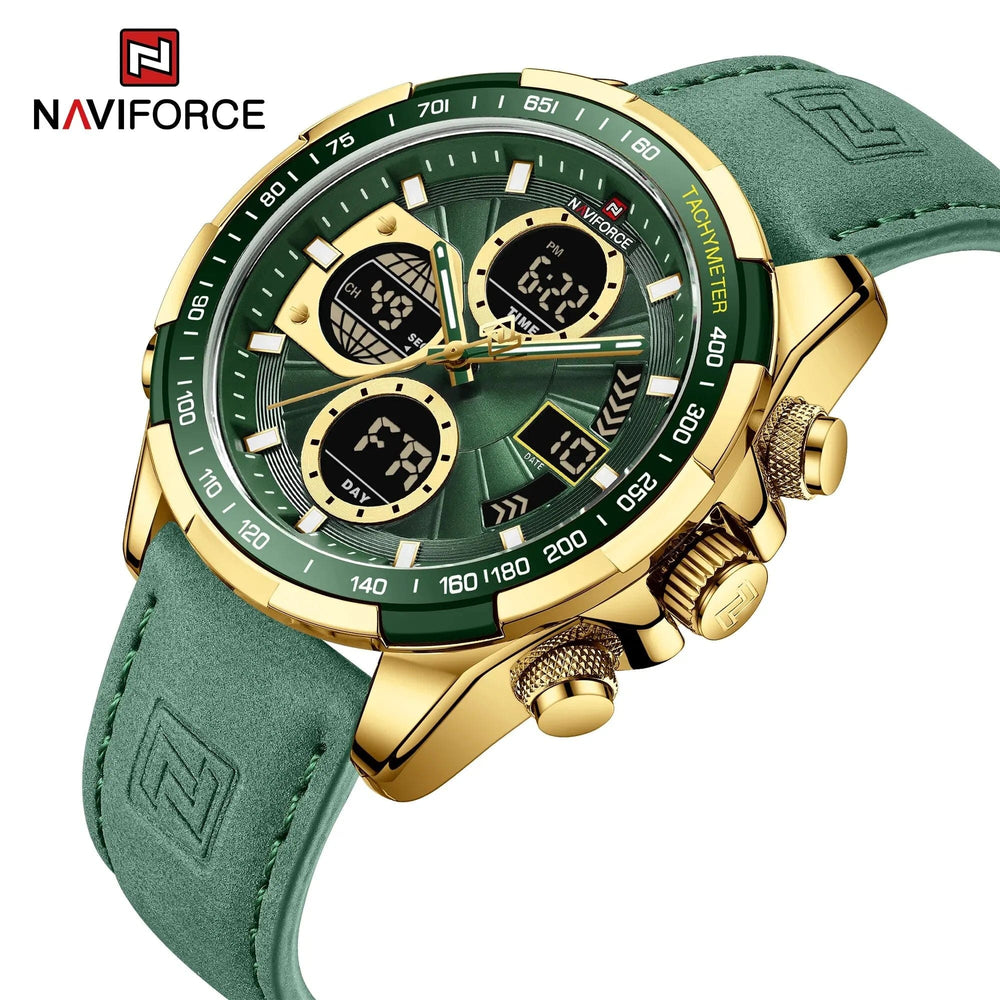 Planet Gates 9197L Gold Green NAVIFORCE Fashion Military Watches for Men Luxury Original Sports Chronograph Watch Waterproof Quartz WristWatch Clock Gift