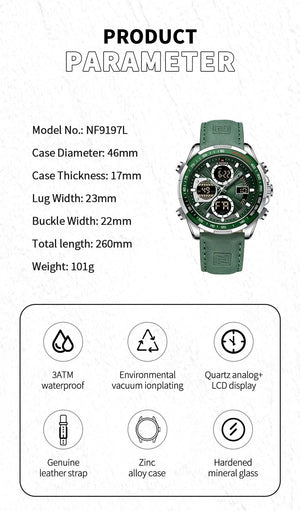 Planet Gates 9197L Gold Green NAVIFORCE Fashion Military Watches for Men Luxury Original Sports Chronograph Watch Waterproof Quartz WristWatch Clock Gift