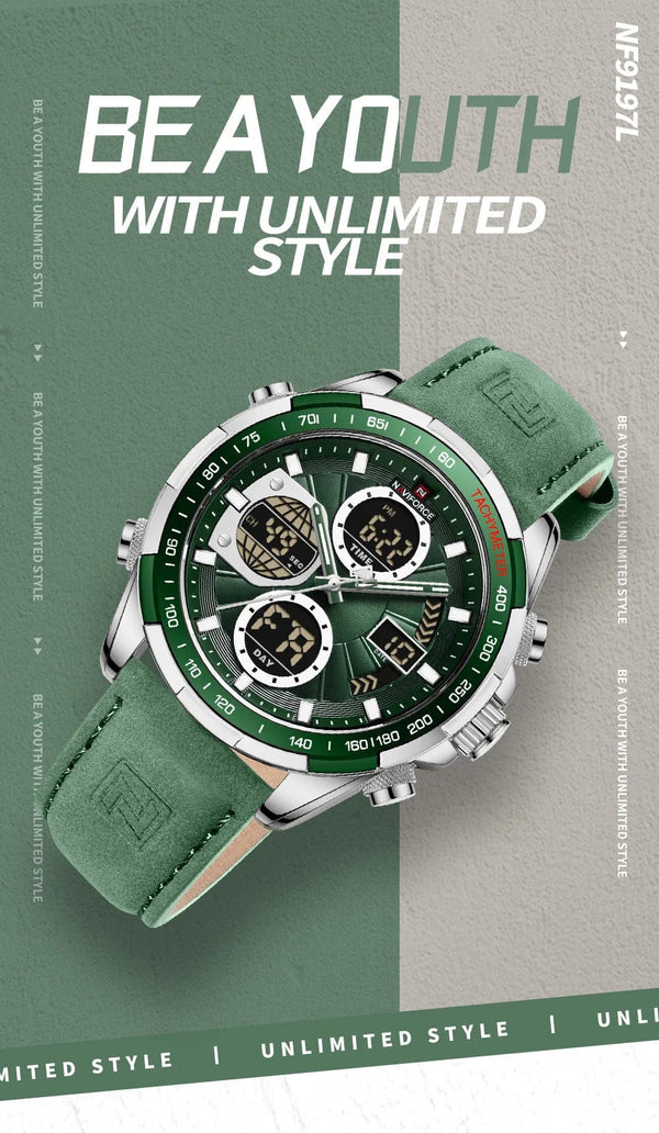 Planet Gates 9197L Gold Green NAVIFORCE Fashion Military Watches for Men Luxury Original Sports Chronograph Watch Waterproof Quartz WristWatch Clock Gift