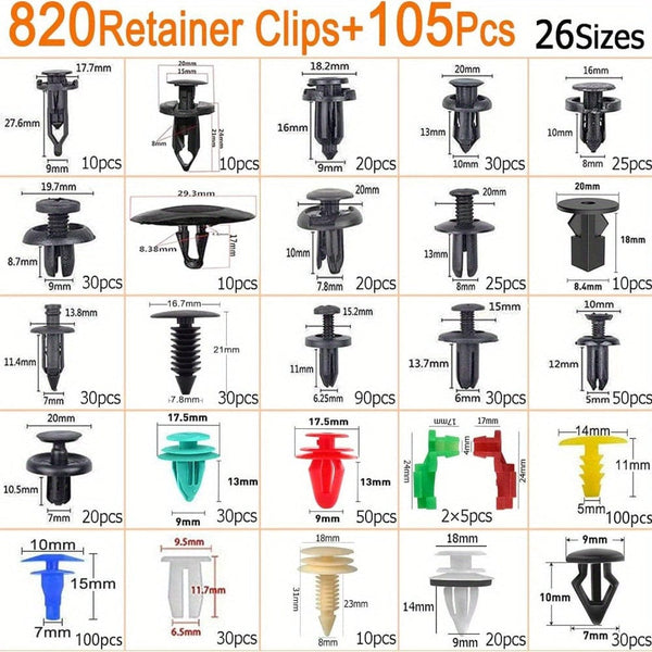 Planet Gates 925/820pcs Automotive Fastener Set - 26 Popular Sizes Of Durable Bumper Mount Clips, Plastic Rivets And Tailgate Handle Bar Clips