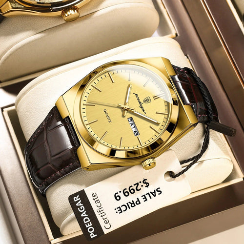 Planet Gates 930 Gold Gold POEDAGAR Luxury Watch for Men Military Leather Man Wristwatch Quartz Clock Waterproof Luminous Date Week Men's Watches Reloj+box