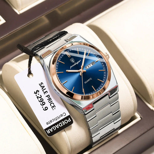 Planet Gates 930 Rose Gold Blue POEDAGAR Luxury Quartz Man Wristwatch Sport Men Watches Waterproof Luminous Date Week Stainless Steel Men's Watch Male Reloj+box