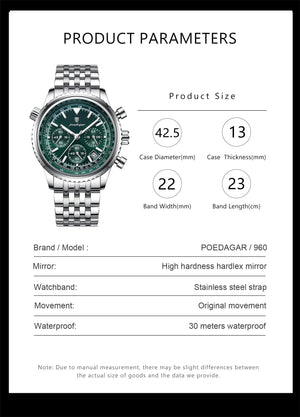 Planet Gates 960 Rose Gold Gold POEDAGAR Luxury Military Watch for Men Waterproof Luminous Date Chronograph Man Watch Sport Quartz Stainless Steel Men's Watches