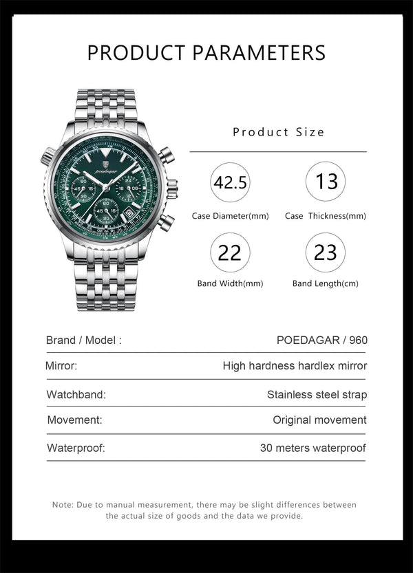 Planet Gates 960 Rose Gold Gold POEDAGAR Luxury Military Watch for Men Waterproof Luminous Date Chronograph Man Watch Sport Quartz Stainless Steel Men's Watches