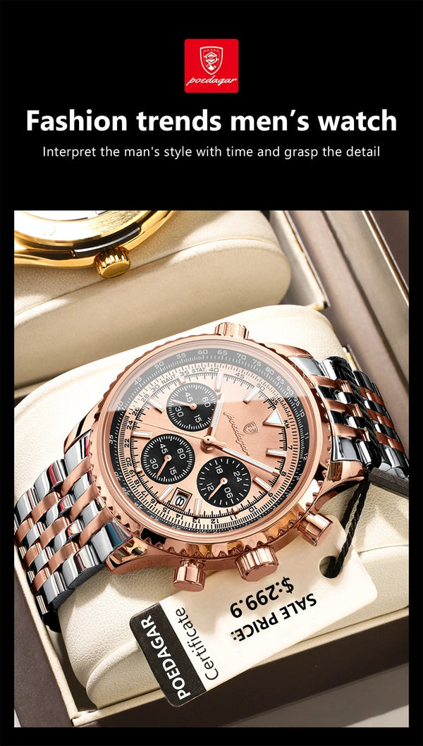 Planet Gates 960 Rose Gold Gold POEDAGAR Luxury Military Watch for Men Waterproof Luminous Date Chronograph Man Watch Sport Quartz Stainless Steel Men's Watches