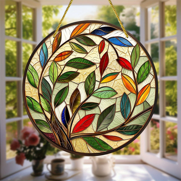 Planet Gates A 1pc Olive Leaf Suncatcher, Stained Window Hanging, Acrylic Sign, Gifts For Women, Spring Decor, Round Sign, Wreath Sign, Wreath Center, Birthday Gifts For Women, Housewarming Gift, 6x6in/15x15CM, Window Decor, Porch Decor,