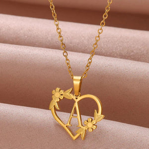 Planet Gates A / 45cm / CHINA Gold Color Dainty Flower Initials Necklace Women Girl Stainless Steel Heart Letter Choker Necklace Best Gifts Alphabet Jewelry