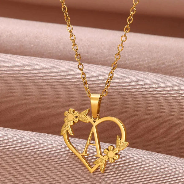 Planet Gates A / 45cm / CHINA Gold Color Dainty Flower Initials Necklace Women Girl Stainless Steel Heart Letter Choker Necklace Best Gifts Alphabet Jewelry