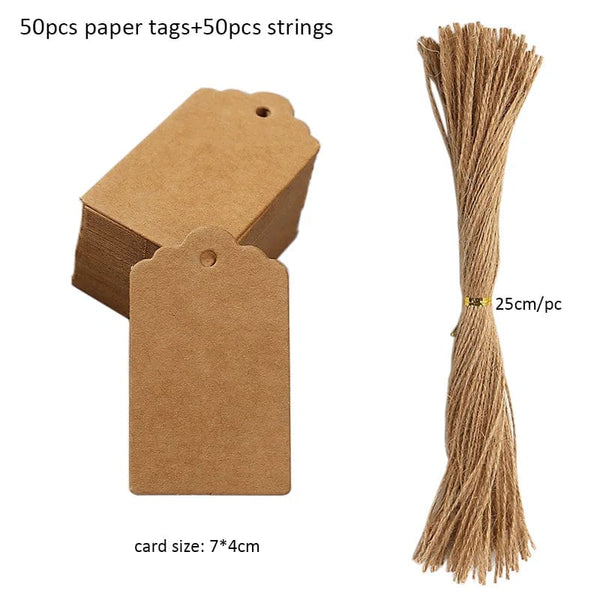 Planet Gates A-7x4cm-kraft 50pcs Kraft Paper Tags White Cardboard Cards with Strings Wedding Birthday Christmas Party Gift Tag Cookie Packaging Supplies