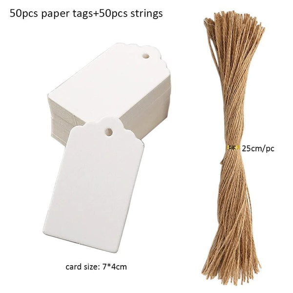 Planet Gates A-7x4cm-white 50pcs Kraft Paper Tags White Cardboard Cards with Strings Wedding Birthday Christmas Party Gift Tag Cookie Packaging Supplies