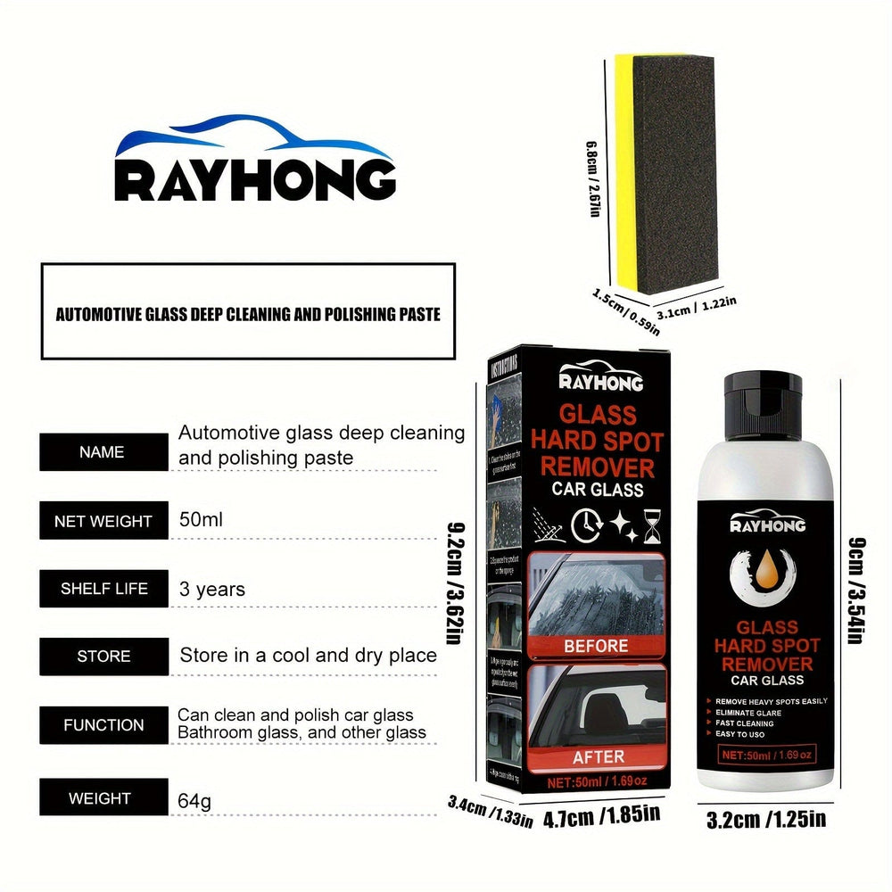 Planet Gates A bottle of detergent 50ml + 1 piece of sponge Car Glass Oil Film Remover Eliminate Heavy Spots Glass Polishing Degreaser Universal Rainproof Anti-fog Agent For Auto