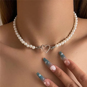 Planet Gates A Imitation Pearl Trendy Love Heart  Choker Necklace Female Personality Party Fashion Clavicle Collier Colar Perlas Collar Gift