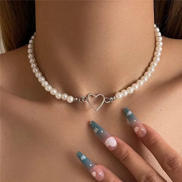 Planet Gates A Imitation Pearl Trendy Love Heart  Choker Necklace Female Personality Party Fashion Clavicle Collier Colar Perlas Collar Gift