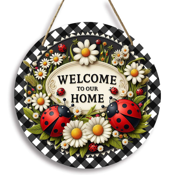 Planet Gates A Ladybug Wreath Sign 1pc Seven-star Ladybug Welcome Sign Spring Holiday Door Wall Decor Round Wooden Sign for Home Room Farmhouse Porch