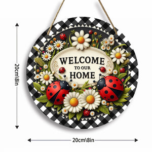 Planet Gates A Ladybug Wreath Sign 1pc Seven-star Ladybug Welcome Sign Spring Holiday Door Wall Decor Round Wooden Sign for Home Room Farmhouse Porch