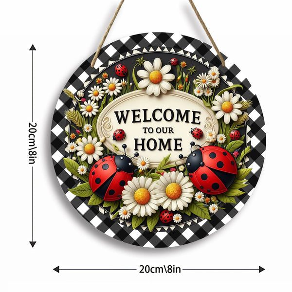 Planet Gates A Ladybug Wreath Sign 1pc Seven-star Ladybug Welcome Sign Spring Holiday Door Wall Decor Round Wooden Sign for Home Room Farmhouse Porch