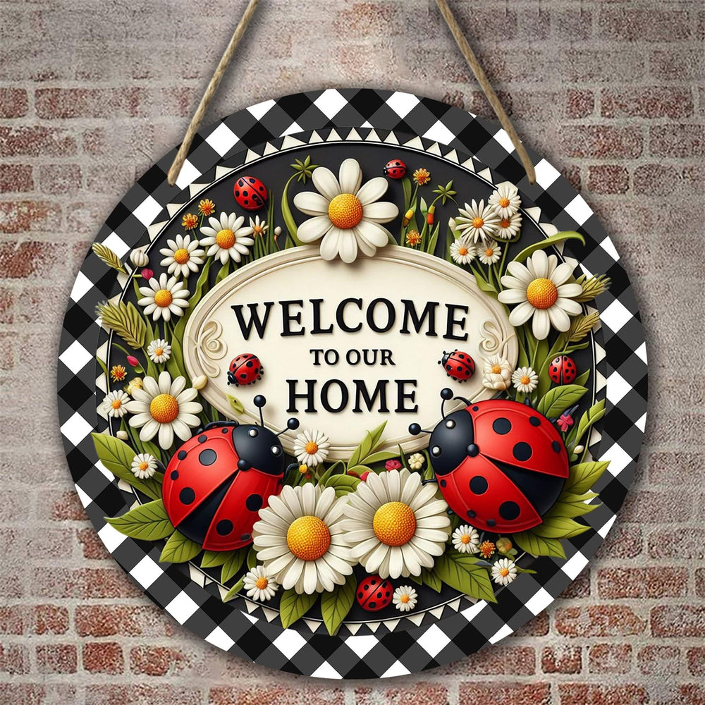 Planet Gates A Ladybug Wreath Sign 1pc Seven-star Ladybug Welcome Sign Spring Holiday Door Wall Decor Round Wooden Sign for Home Room Farmhouse Porch
