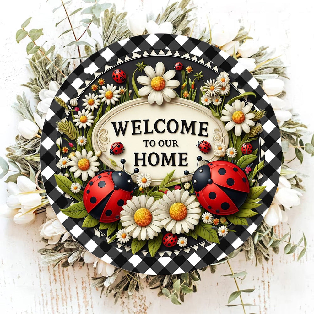 Planet Gates A Ladybug Wreath Sign 1pc Seven-star Ladybug Welcome Sign Spring Holiday Door Wall Decor Round Wooden Sign for Home Room Farmhouse Porch