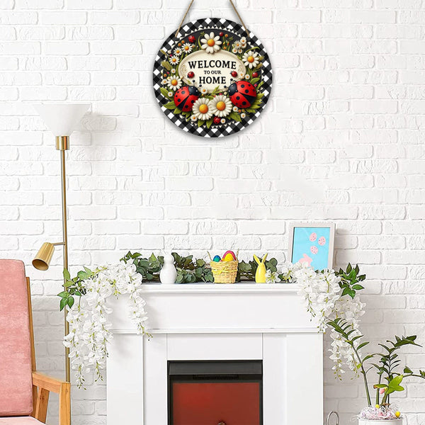 Planet Gates A Ladybug Wreath Sign 1pc Seven-star Ladybug Welcome Sign Spring Holiday Door Wall Decor Round Wooden Sign for Home Room Farmhouse Porch