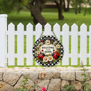 Planet Gates A Ladybug Wreath Sign 1pc Seven-star Ladybug Welcome Sign Spring Holiday Door Wall Decor Round Wooden Sign for Home Room Farmhouse Porch