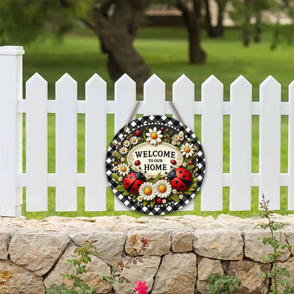 Planet Gates A Ladybug Wreath Sign 1pc Seven-star Ladybug Welcome Sign Spring Holiday Door Wall Decor Round Wooden Sign for Home Room Farmhouse Porch