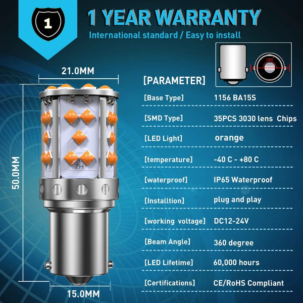 Planet Gates A pack 1156 P21W ba15s Bau15s PY21W 7507 LED Canbus No Hyper Flash Turn Signal Light Bulb Built-in Resistor Error Free Orange