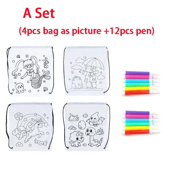Planet Gates A set Children's Graffiti Backpack Bag DIY Coloring Painting Toys for Kids Cute Animal Mermaid Non-Woven Drawstring Bag Drawing Crafts