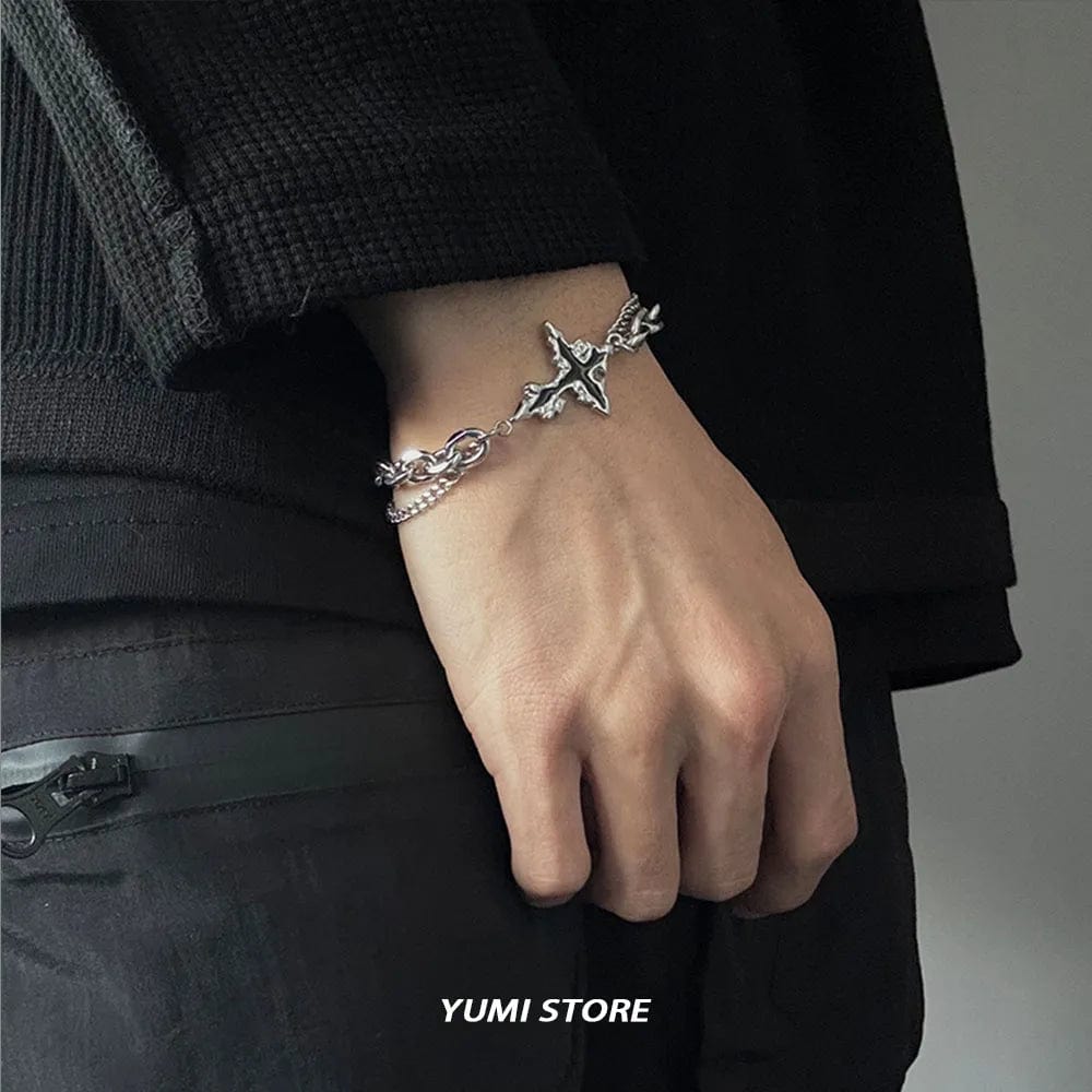 Planet Gates A Square Bracelet Retro Flame Cross Bracelet For Men Woman Hip Hop Titanium Steel Splice Chain Charm Unisex Jewelry Cool Kpop Luxury Accessories
