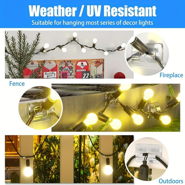 Planet Gates A1 25pcs Plastic Transparent Hooks For Outdoor String Lights, Punch Free Heavy Duty Cable Clips, Waterproof Self Adhesive Clips For Hanging Christmas Light, Outside UV-Resistant Clear Sticky Cord Holders Rope Organizer