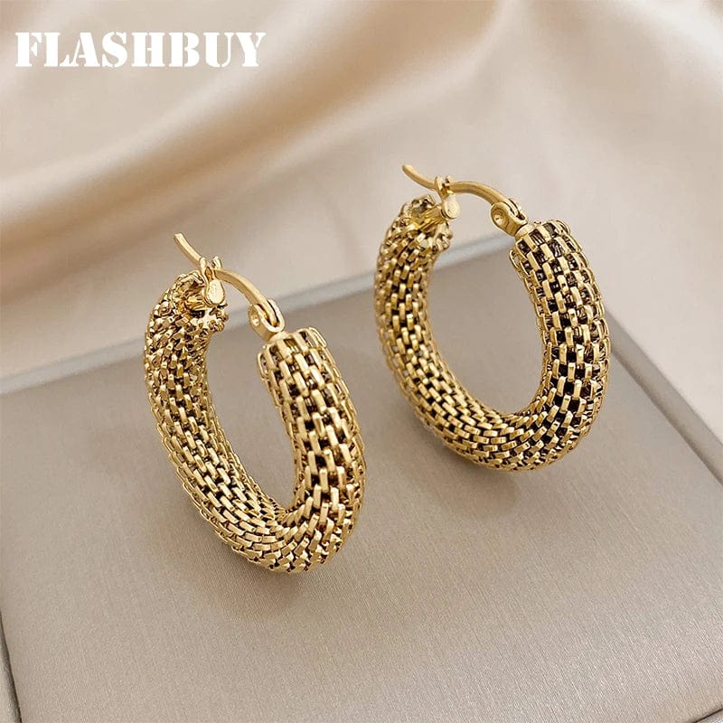Planet Gates A1115906E FLASHBUY Stainless Steel Gold Color Geometric Metal Mesh Earrings For Women Girls New Trend Hoop Ear Jewelry Gift