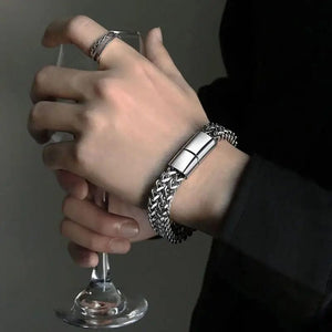 Planet Gates A6957-23cm Stainless Steel Braided Double Row Metal Bracelet Suitable for Men and Girls Personalized Hip Hop Rock Party Punk Jewelry