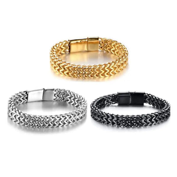 Planet Gates A6957-23cm Stainless Steel Braided Double Row Metal Bracelet Suitable for Men and Girls Personalized Hip Hop Rock Party Punk Jewelry