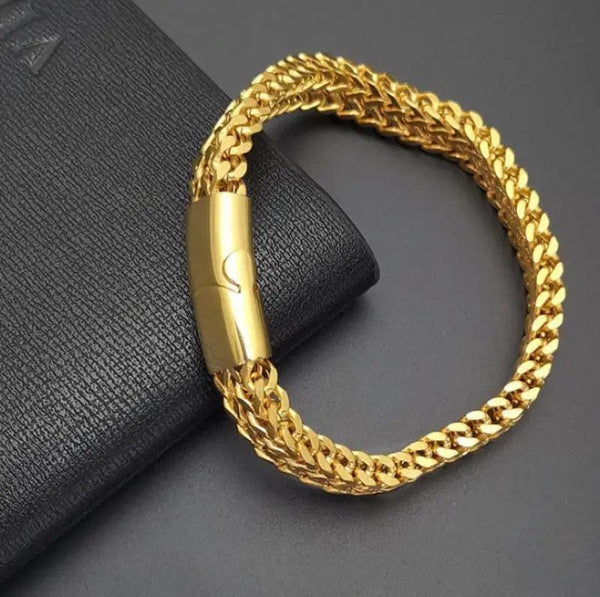 Planet Gates A6957-23cm Stainless Steel Braided Double Row Metal Bracelet Suitable for Men and Girls Personalized Hip Hop Rock Party Punk Jewelry