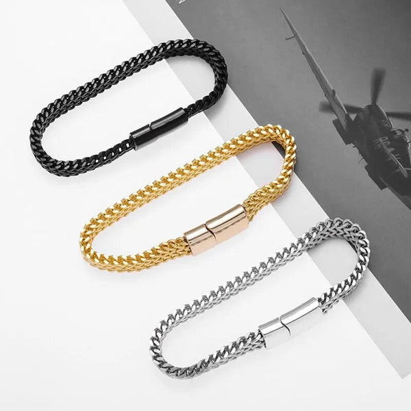 Planet Gates A6957-23cm Stainless Steel Braided Double Row Metal Bracelet Suitable for Men and Girls Personalized Hip Hop Rock Party Punk Jewelry