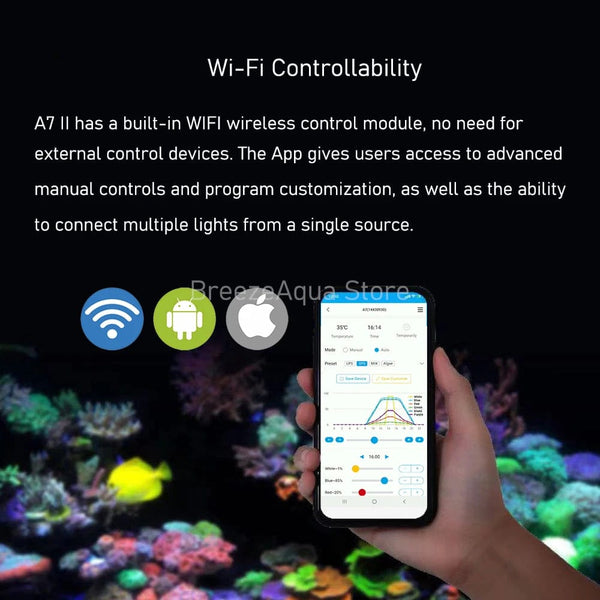 Planet Gates A7 II WiFi App Phone Control Full Spectrum 100W Saltwater Marine LED Aquarium Light for Coral Reef Fish Tank