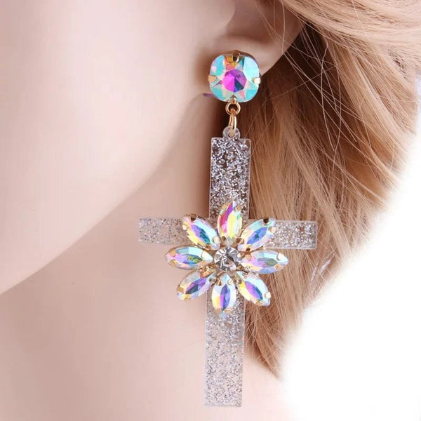 Planet Gates AB Drop Resin Cross Earrings Brand Crystal Big Earring Large Long Brinco Ear Accessories Oorbellen Christmas Gift jewelr