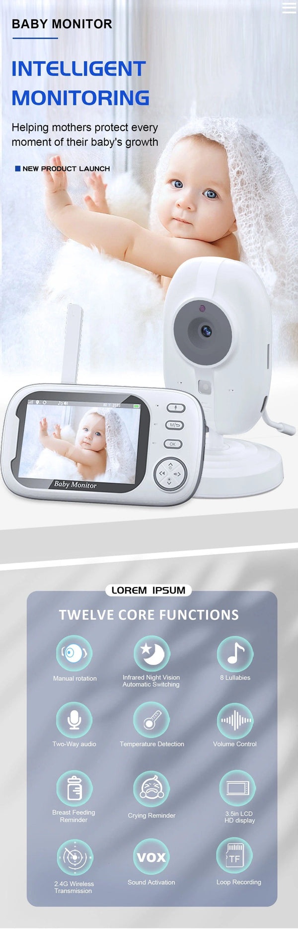 Planet Gates ABM600-USB 3.5 Inch Wireless Video Baby Monitor Mother Kids Two-way Audio Baby Nanny Security Camera Night Vision Temperature Monitoring