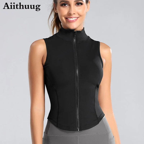 Planet Gates Aiithuug Athletic Zip Up Sweat Vest Jacket Sleeveless Running Yoga Tops High Neck Shirts Sports Top Fitness Women Workout Tops