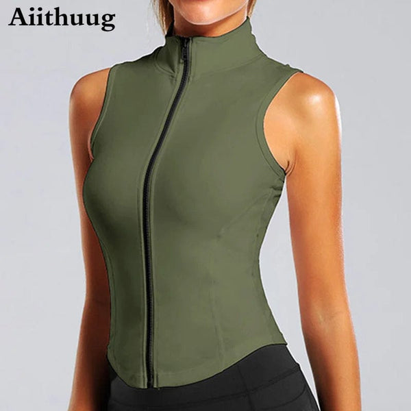 Planet Gates Aiithuug Athletic Zip Up Sweat Vest Jacket Sleeveless Running Yoga Tops High Neck Shirts Sports Top Fitness Women Workout Tops