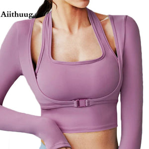Planet Gates Aiithuug Padded Gym Shirts Long Sleeve Women Yoga Shirts Fake Two Pieces Fitness Tops with Underbust Fastener Sexy Workout Top