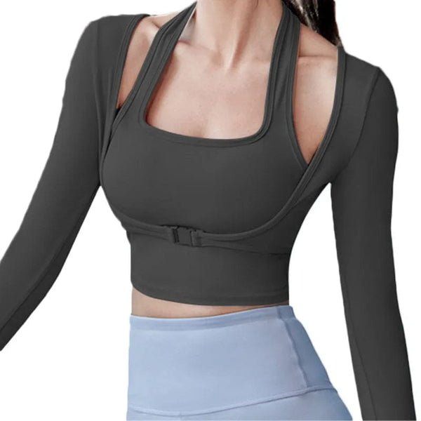 Planet Gates Aiithuug Padded Gym Shirts Long Sleeve Women Yoga Shirts Fake Two Pieces Fitness Tops with Underbust Fastener Sexy Workout Top