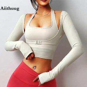 Planet Gates Aiithuug Padded Gym Shirts Long Sleeve Women Yoga Shirts Fake Two Pieces Fitness Tops with Underbust Fastener Sexy Workout Top