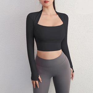 Planet Gates Aiithuug Padded Yoga Shirts Long Sleeve Yoga Crop Tops Low Cut Shirts Gym Shirt Workout Gym Top Insert Pads Slim Fit Sports Sexy