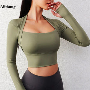 Planet Gates Aiithuug Padded Yoga Shirts Long Sleeve Yoga Crop Tops Low Cut Shirts Gym Shirt Workout Gym Top Insert Pads Slim Fit Sports Sexy