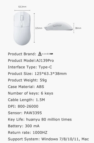 Planet Gates AJAZZ AJ139 Pro Wireless Mouse with Feets PMW3395 Gaming Chipset 26000dpi Professional Gaming Mouse for PC