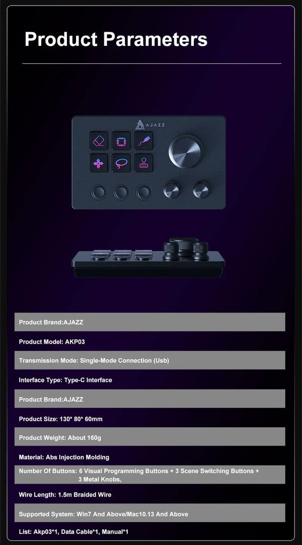 Planet Gates Ajazz AKP03E Programmable Visual Macro Keyboard Mechanical Gaming Keyboard Custom Button Mini Keyboard For Multiple Scenario