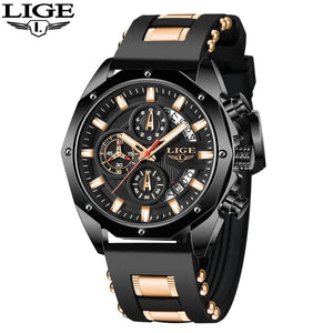 Planet Gates All black LIGE Men Watch Brand Luxury Silicone Strap Waterproof Sport Quartz Chronograph Military Wristwatch Men Clock Relogio Masculino