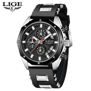 Planet Gates All black LIGE Men Watch Brand Luxury Silicone Strap Waterproof Sport Quartz Chronograph Military Wristwatch Men Clock Relogio Masculino